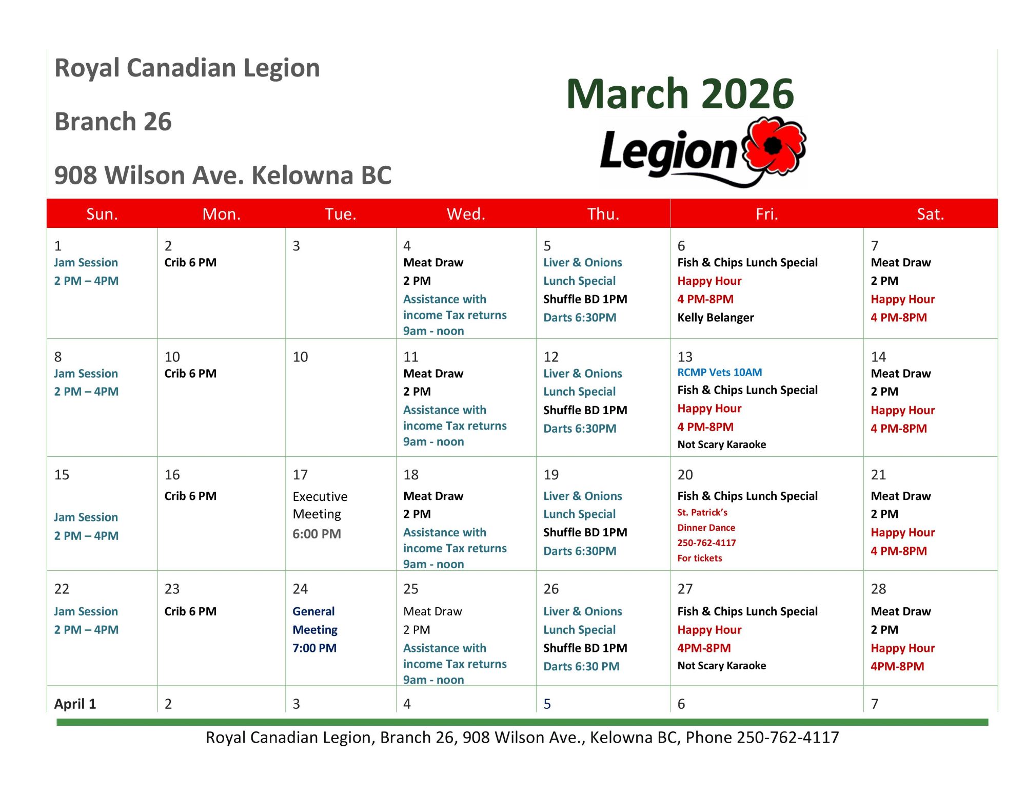 March 2026 Calendar of Events - Kelowna Legion Branch 26